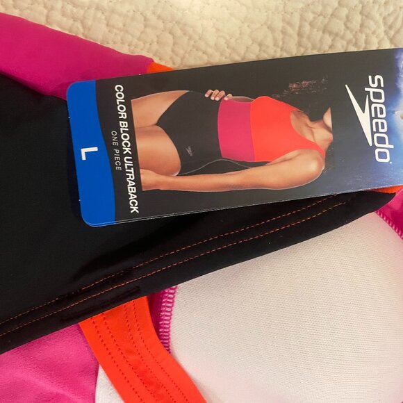 Size Large Speedo one-piece blue and pink striped swimsuit/bathing suit NWT - Picture 4 of 5